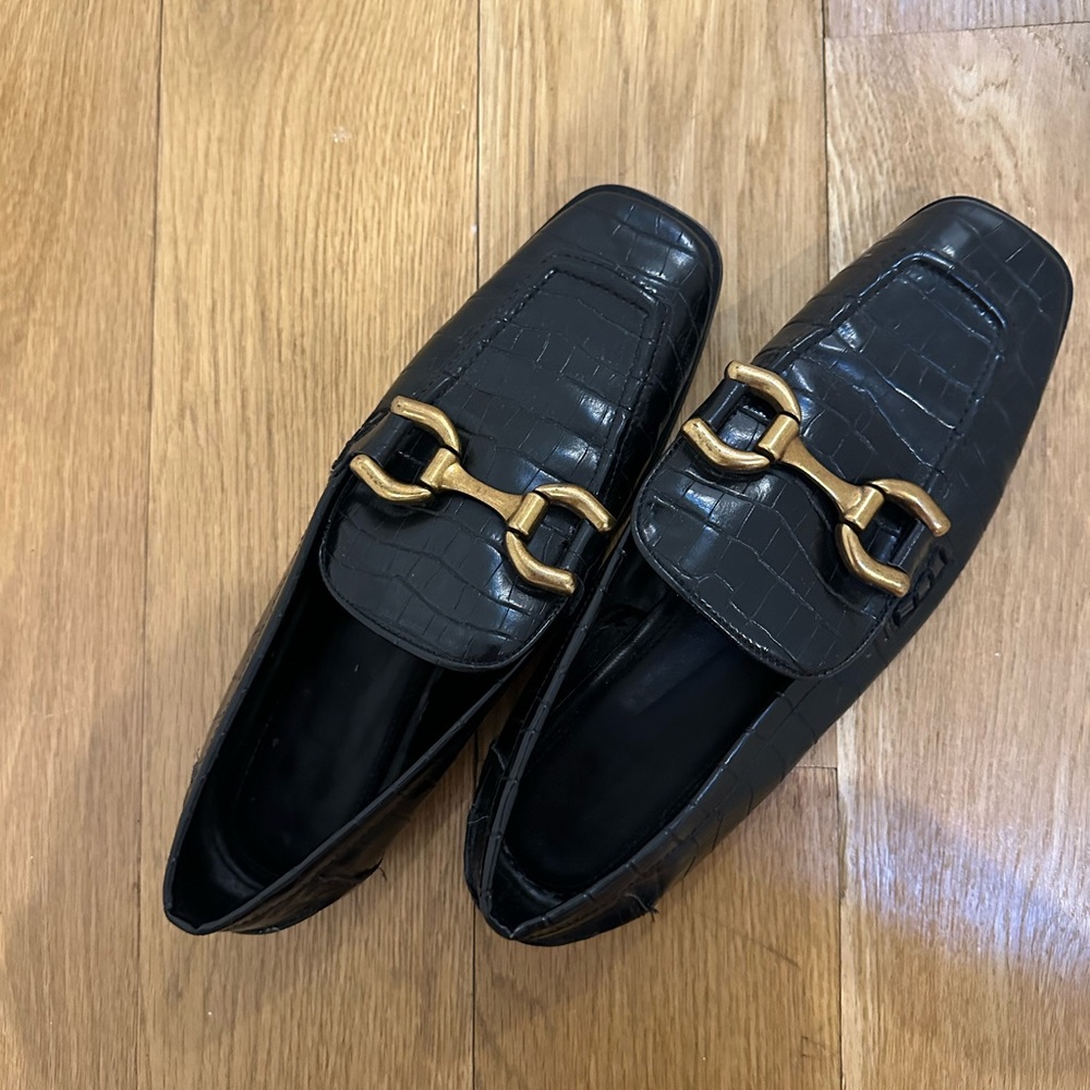 Zara Elegant Black Loafers with Gold Accent